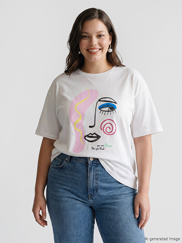 LCW ECO Bisiklet Yaka Baskılı Kadın Tişört