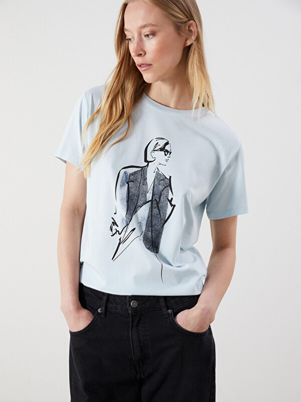 LCWAIKIKI Classic T-shirt Imprimé à Col Rond pour Femmes