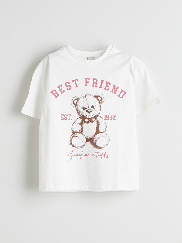 LCW Kids Crew Neck Teddy Bear Printed Girls' T-Shirt