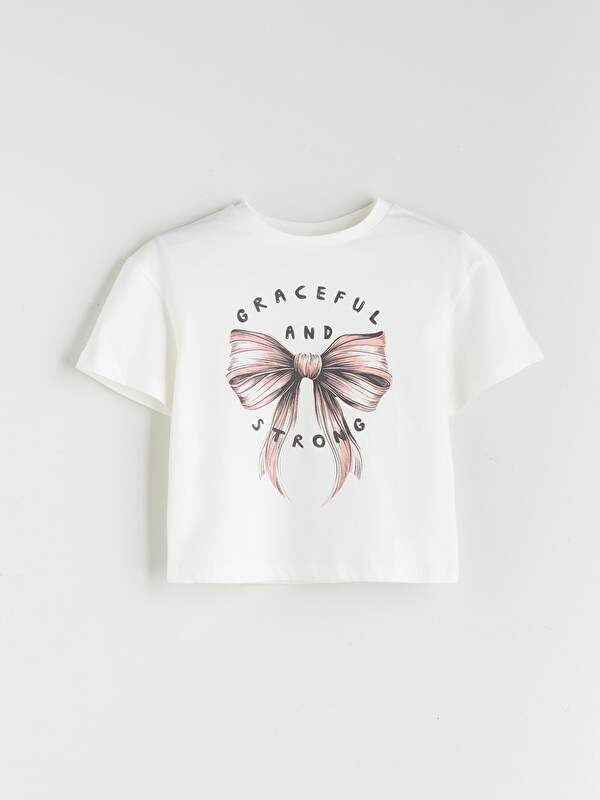 LCW Kids Crew Neck Bow Printed Girls' T-Shirt