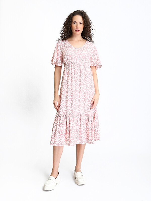 LCWAIKIKI Classic V-Neck Patterned Short Sleeve Women's Dress