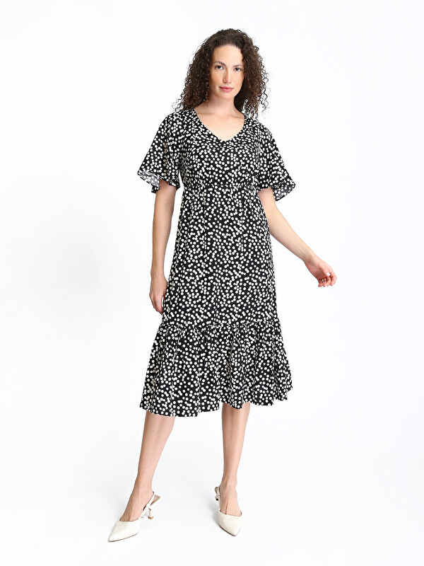 LCWAIKIKI Classic V-Neck Patterned Short Sleeve Women's Dress