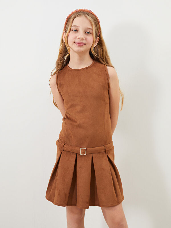 LCW Kids Bisiklet Yaka Kız Çocuk Süet Elbise