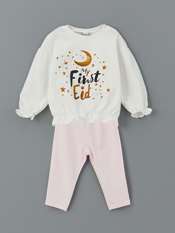 LCW baby Crew Neck Printed Baby Girls Sweatshirt and Tights 2 Pack