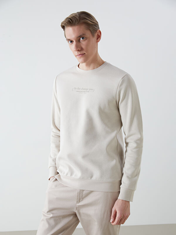 LCWAIKIKI Classic Bisiklet Yaka Baskılı Erkek Kalın Sweatshirt