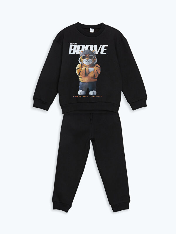 LCW Kids Crew Neck Printed Baby Boy Sweatshirt and Tracksuit Bottom 2-Piece Set