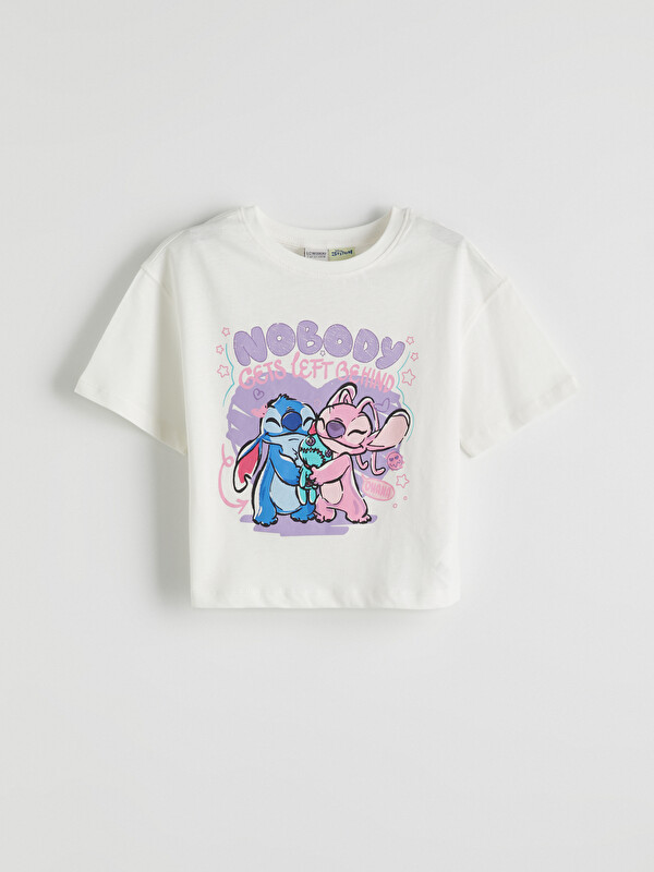 LCW Kids Bisiklet Yaka Stitch ve Angel Baskılı Kız Çocuk Tişört
