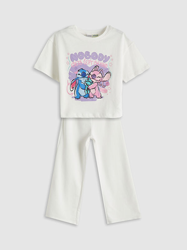 LCW Kids Bisiklet Yaka Stitch ve Angel Baskılı Kız Çocuk Tişört ve Eşofman Altı