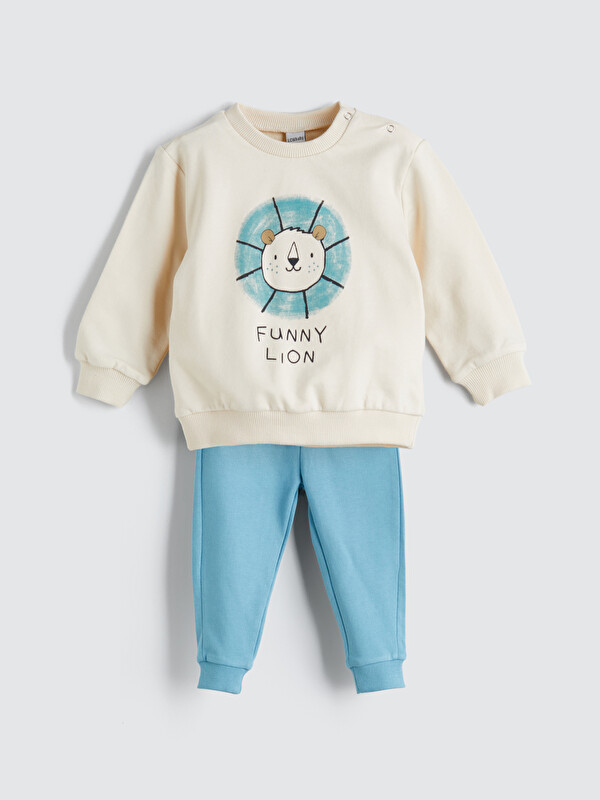 LCW baby Crew Neck Printed Baby Boys' Sweatshirt and Tracksuit Bottom 2 Pack