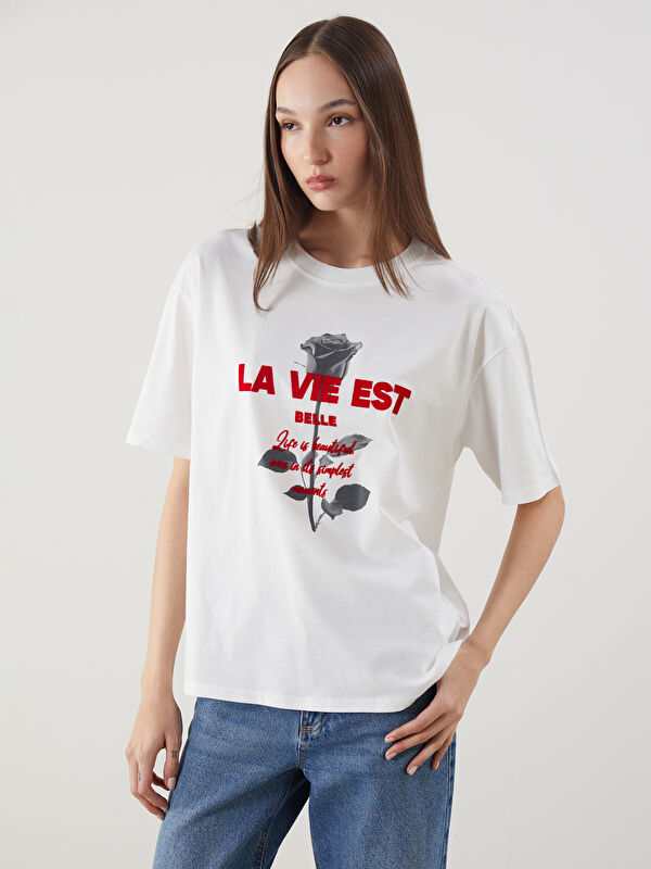 LCW Vision Bisiklet Yaka Baskılı Oversize Kadın Tişört