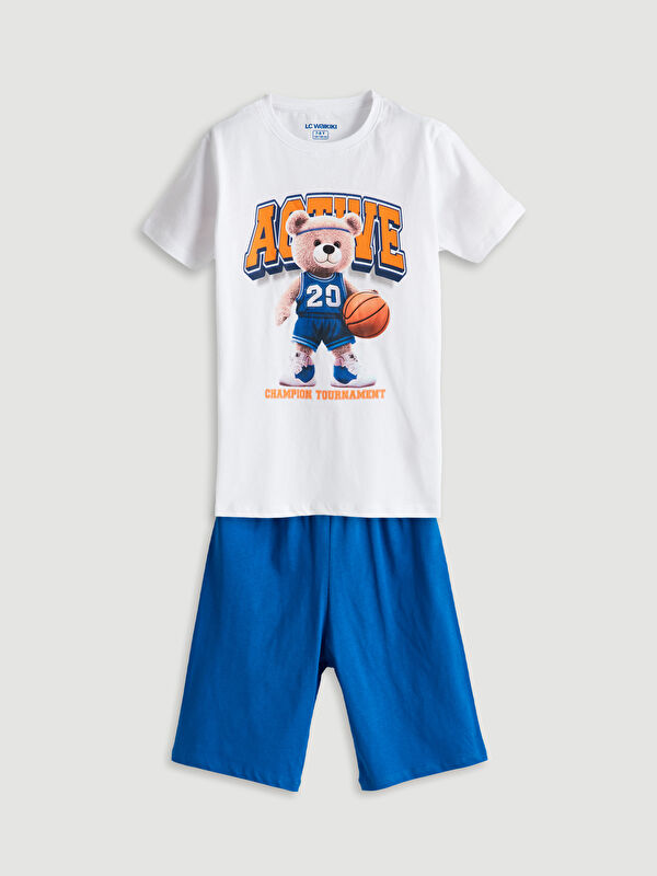 LCW Kids Bisiklet Yaka Ayı Teddy Baskılı Erkek Çocuk Şortlu Pijama Takımı
