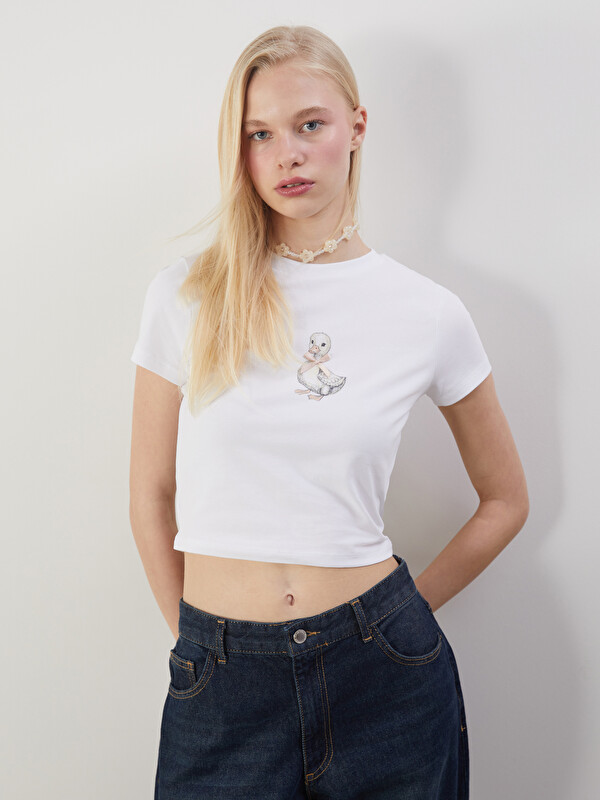 XSIDE Bisiklet Yaka Ördek Baskılı Kadın Crop