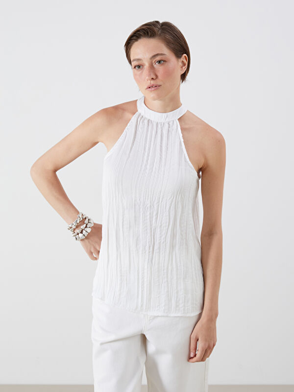 LCW Vision Halter Neck Ruched Satin Blouse