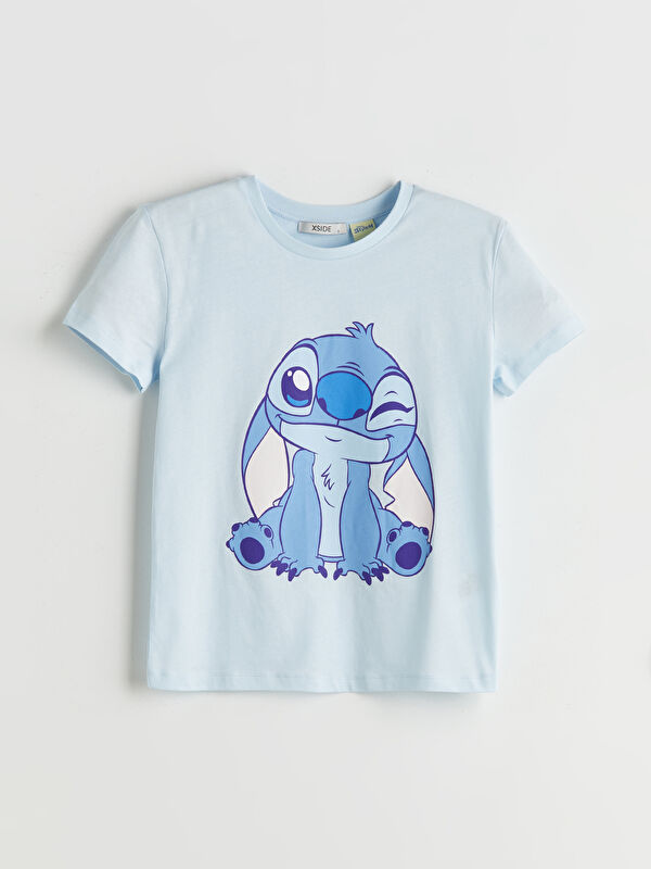 XSIDE Mavi Bisiklet Yaka Stitch Baskılı Kadın Tişört - S5OY23Z8