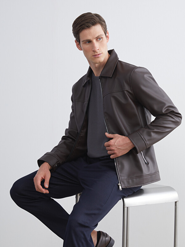 LCWAIKIKI Classic Slim Fit Gömlek Yaka Erkek Deri Görünümlü Ceket