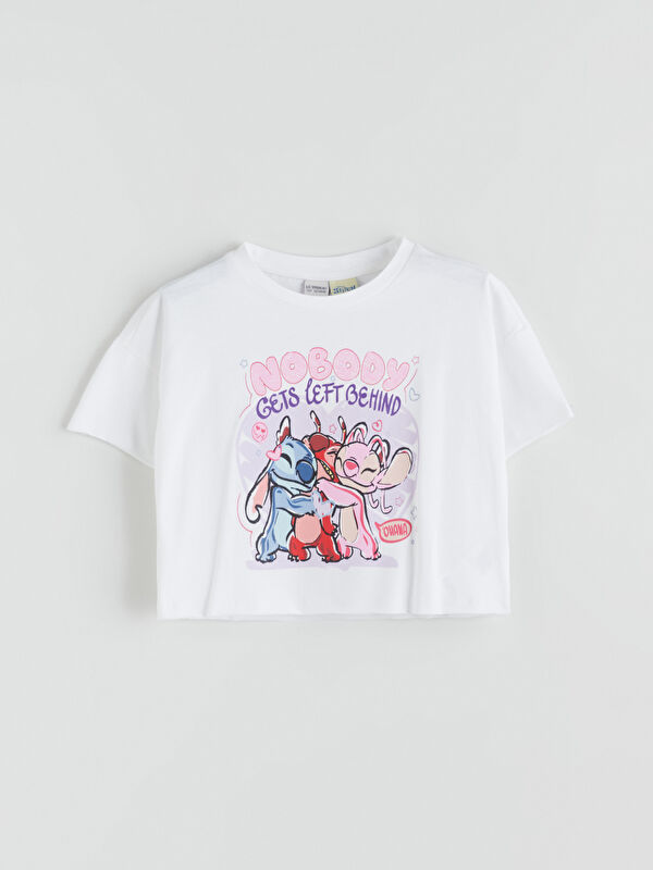 LCW Kids Bisiklet Yaka Stitch ve Angel Baskılı Kız Çocuk Crop Tişört