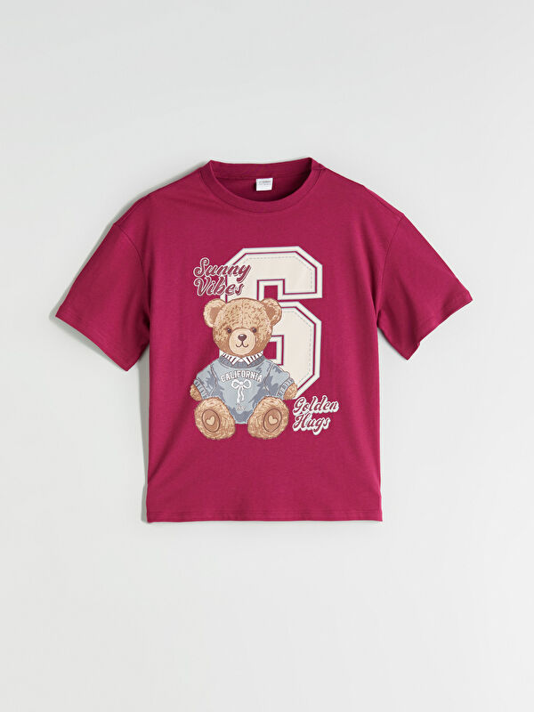 LCW Kids Bisiklet Yaka Ayı Teddy Baskılı Kız Çocuk Pijama Üst