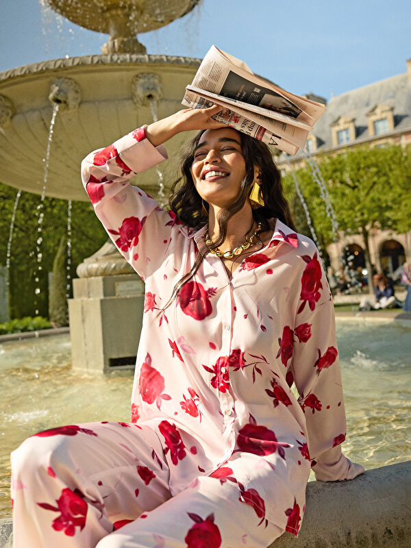 LCW DREAM Gömlek Yaka Çiçekli Kadın Pijama Üstü