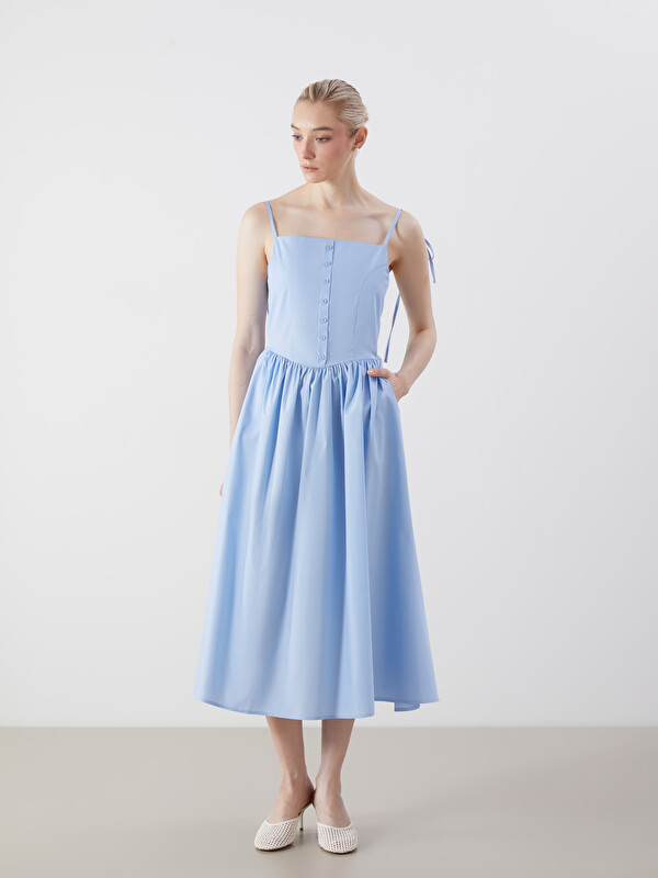LCWAIKIKI Classic Square Neck Strappy Fitted Waist Pleated Dress