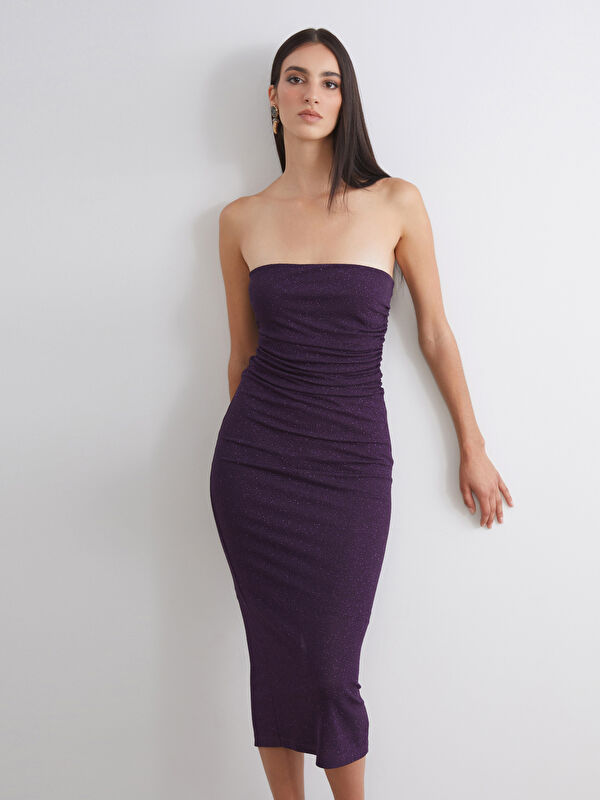 Soulife Straplez Yaka Simli Büzgülü Bodycon Elbise