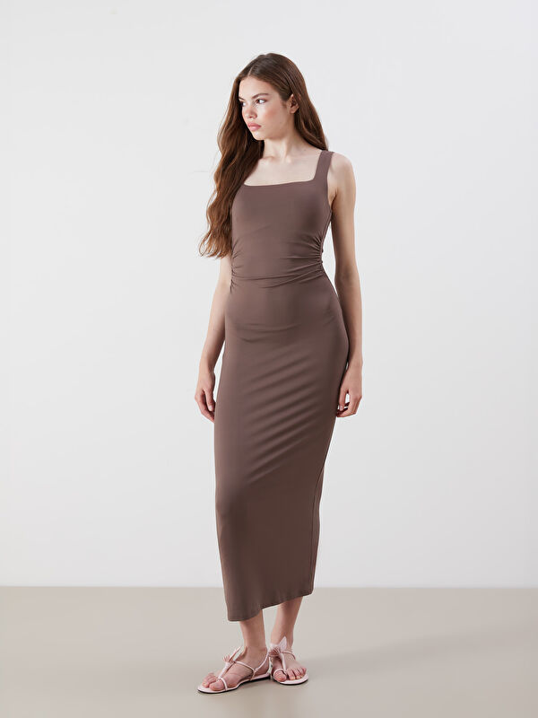 XSIDE Kare Yaka Büzgülü Bodycon Elbise