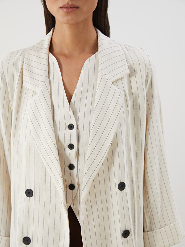 LCWAIKIKI Classic Bej Çizgili Keten Karışımlı Kadın Blazer Ceket