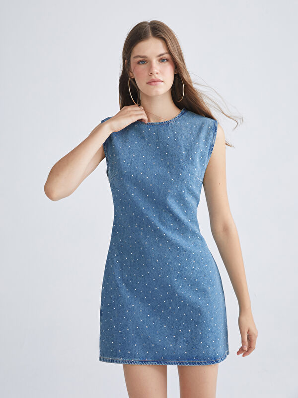 XSIDE Bisiklet Yaka Parlak Taşlı Mini Jean Elbise