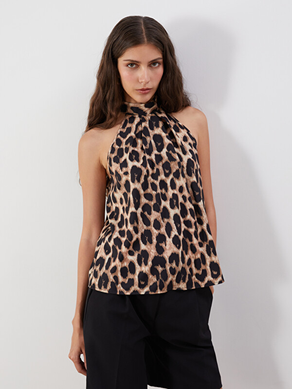 LCW Vision Halter Neck Leopard Print Bow Blouse