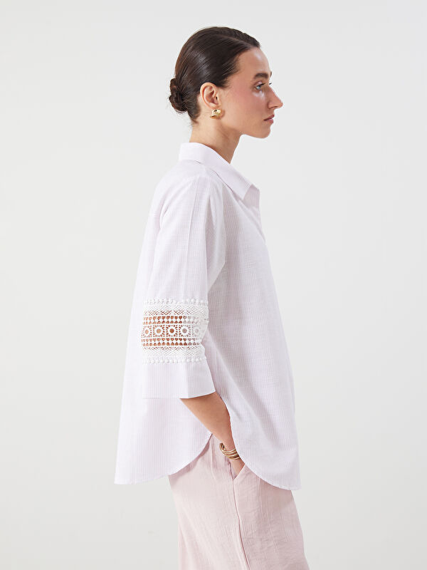LCWAIKIKI Classic Gömlek Yaka Çizgili Oversize Dantel Detaylı Bluz