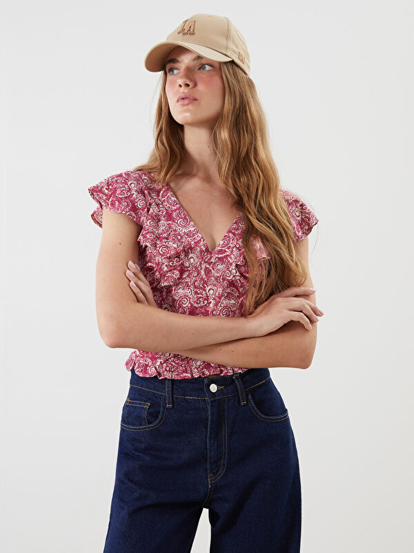 XSIDE Blumige Crop-Bluse mit V-Ausschnitt