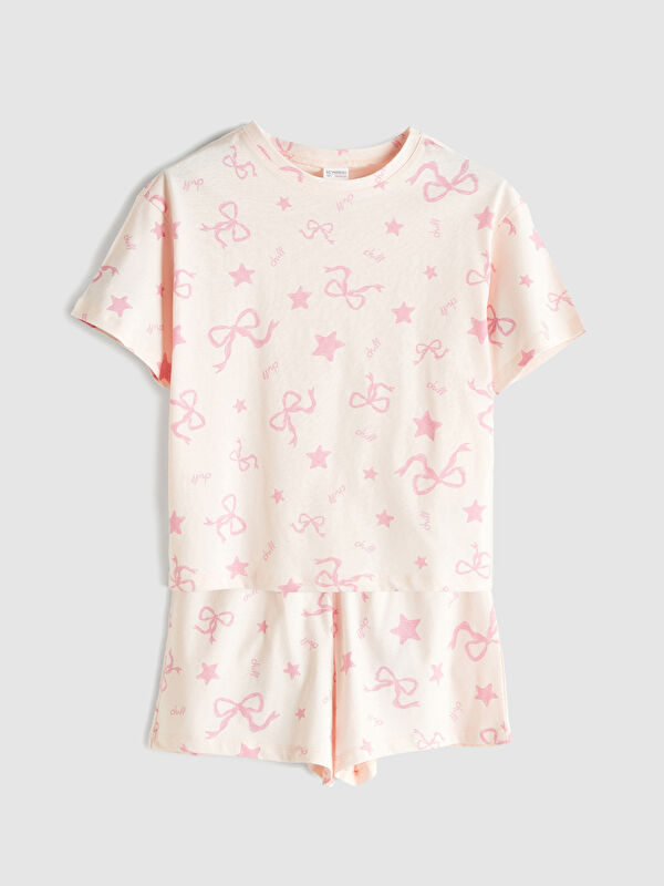 LCW DREAM Bisiklet Yaka Fiyonk Baskılı Kız Çocuk Şortlu Pijama Takım