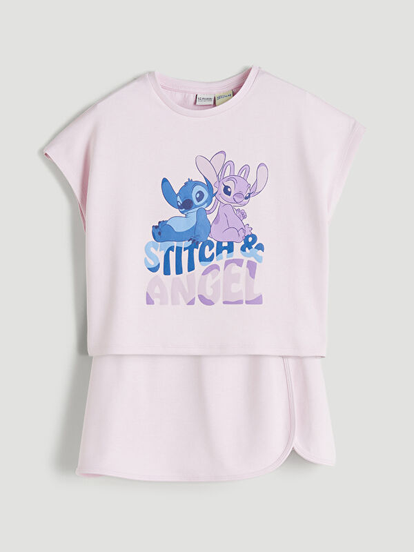 LCW Kids Stitch ve Angel Baskılı Kız Çocuk Tişört ve Şort Etek