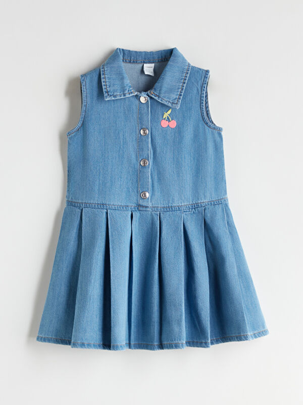 LCW Kids Gömlek Yaka Nakışlı Kız Çocuk Jean Elbise