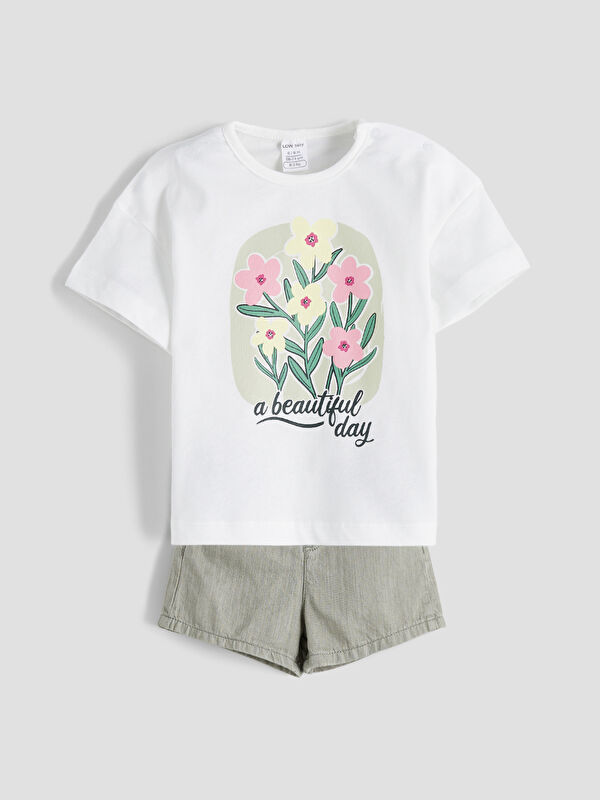 LCW baby Bisiklet Yaka Kız Bebek Tişört ve Jean Şort 2'li