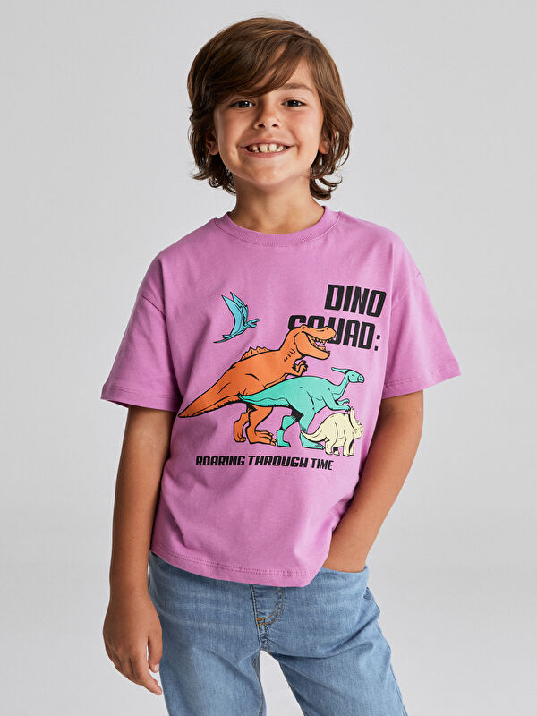 LCW Kids Bisiklet Yaka Dinozor Baskılı Erkek Çocuk Tişörtü