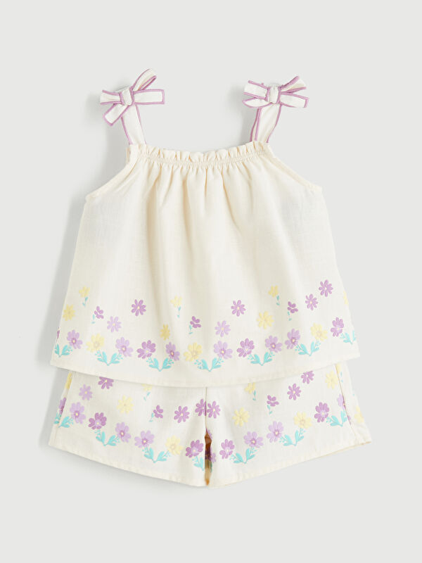 LCW Kids Kare Yaka Çiçekli Kız Çocuk Bluz ve Şort 2'li