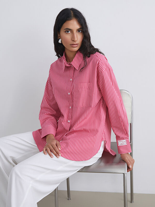 LCW Modest Çizgili Oversize Poplin Kadın Gömlek Tunik