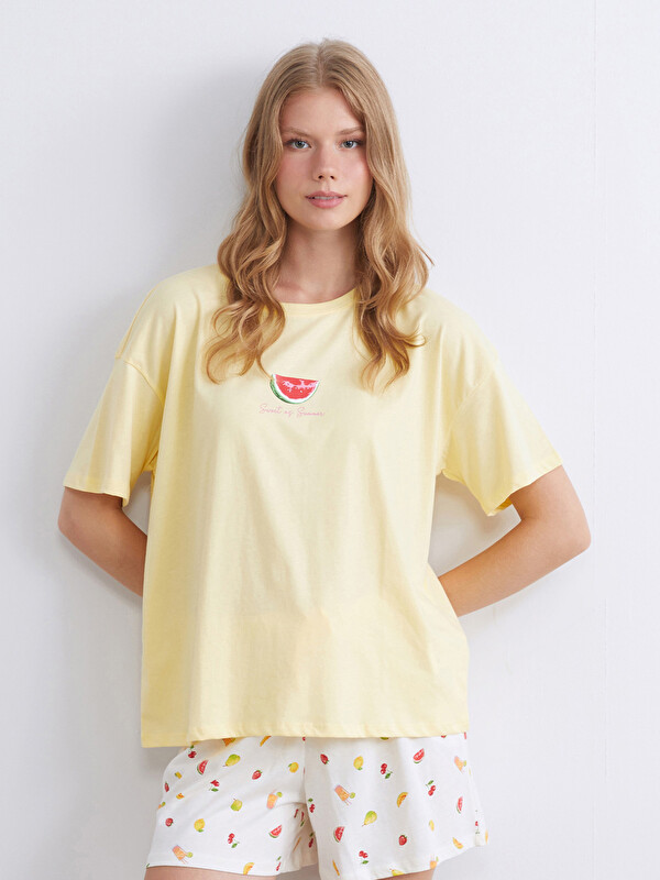 LCW DREAM Bisiklet Yaka Karpuz Baskılı Kadın Pijama Üstü