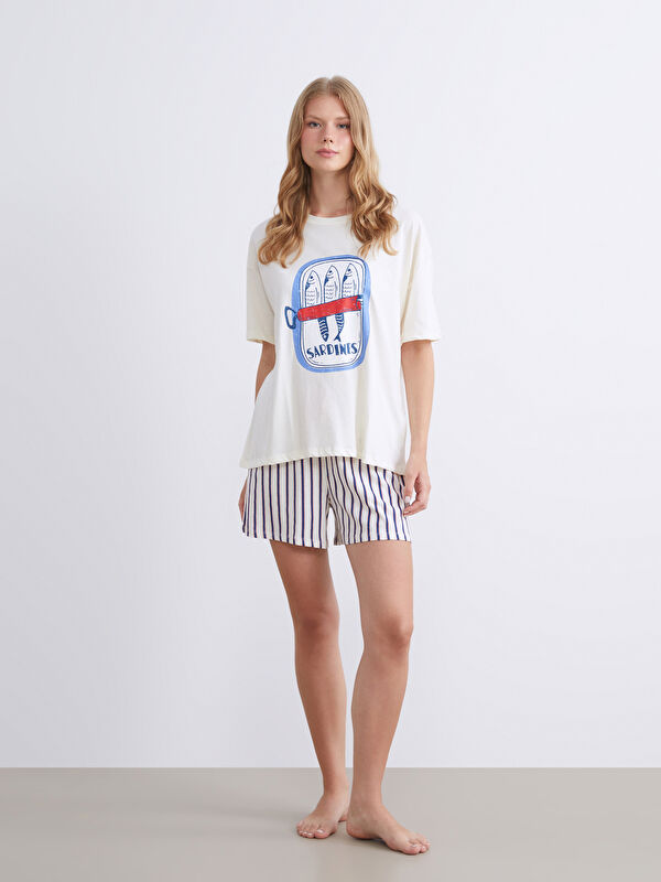 LCW DREAM Bisiklet Yaka Baskılı Kadın Şortlu Pijama Takımı
