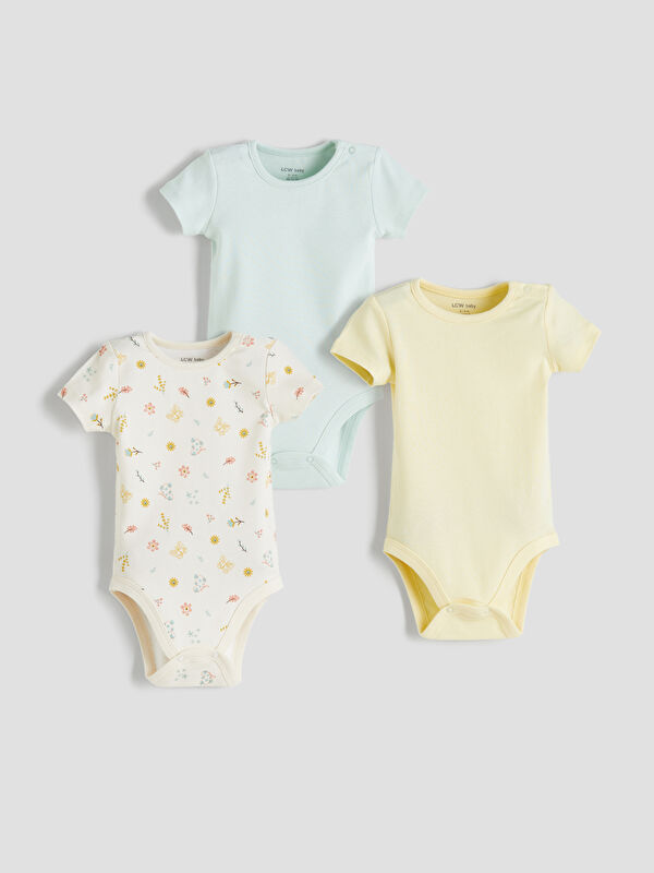 LCW baby Bisiklet Yaka Baskılı Kız Bebek Çıtçıtlı Body 3'lü
