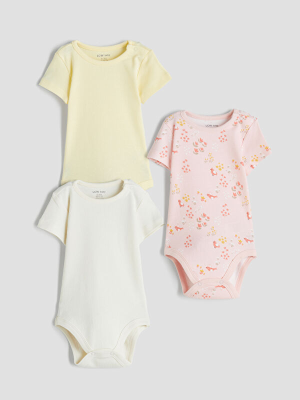 LCW baby Bisiklet Yaka Kısa Kollu Kız Bebek Çıtçıtlı Body 3'lü