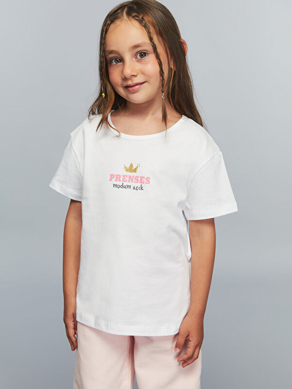 LCW Kids Bisiklet Yaka Slogan Baskılı Kız Çocuk Tişört