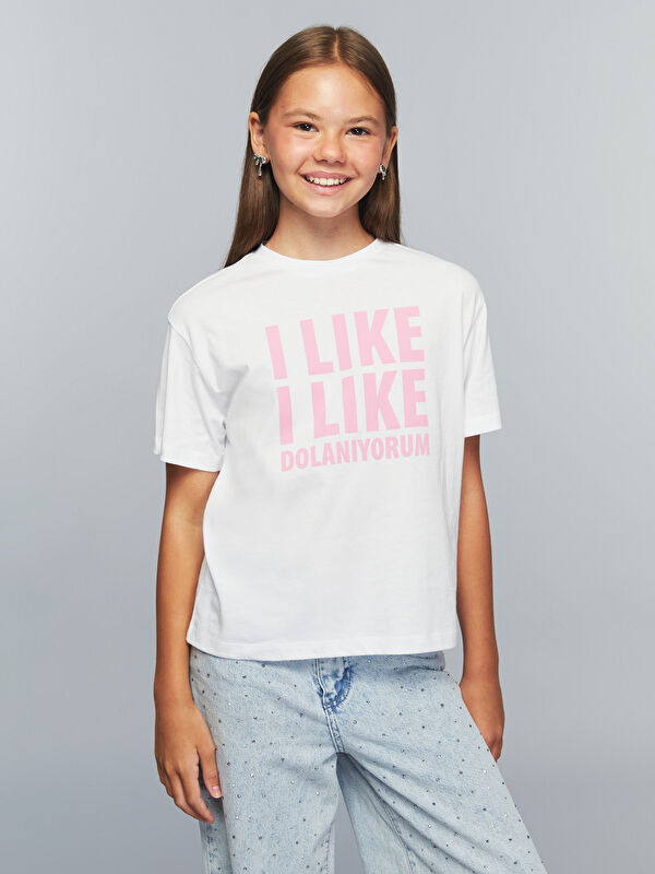 LCW Kids Bisiklet Yaka Slogan Baskılı Kız Çocuk Tişört