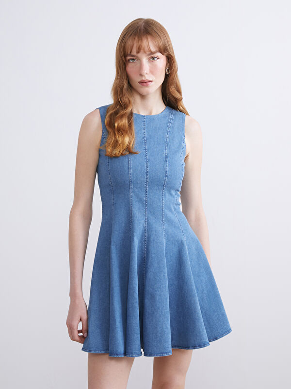 LCW Comfort Bisiklet Yaka Peplum Mini Jean Elbise
