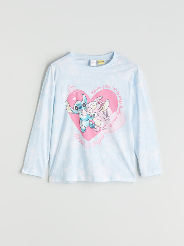 LCW Kids Bisiklet Yaka Stitch ve Angel Baskılı Kız Çocuk Pijama Üst