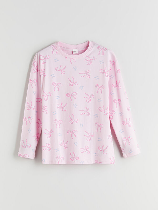 LCW Kids Bisiklet Yaka Fiyonk Desenli Kız Çocuk Pijama Üst