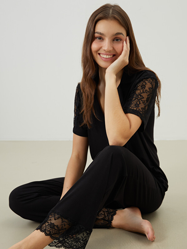 LCW DREAM Gömlek Yaka Dantel Detaylı Kadın Pijama Takımı