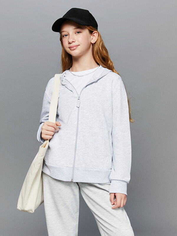 LCW Kids Kapüşonlu Basic Uzun Kollu Kız Çocuk Fermuarlı Sweatshirt