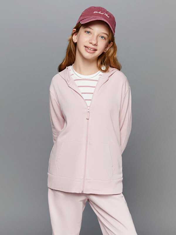 LCW Kids Kapüşonlu Basic Uzun Kollu Kız Çocuk Fermuarlı Sweatshirt