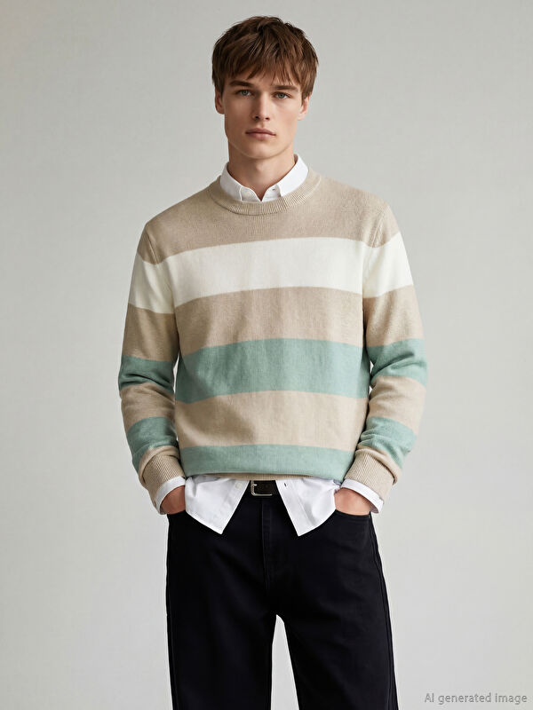 LCWAIKIKI Classic Crew Neck Long Sleeve Striped Men's Knitwear Sweater